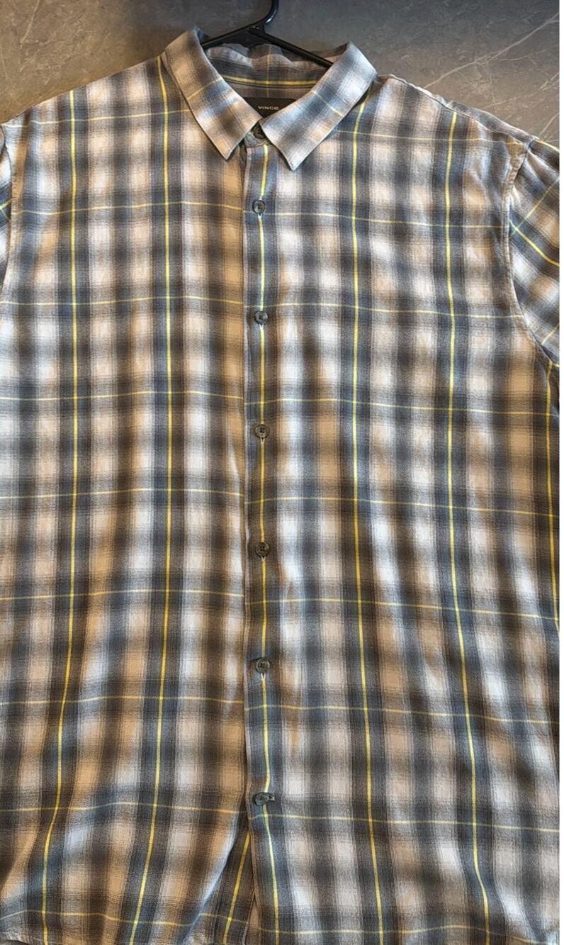 Vince Plaid Button-Up Shirt Gray/Blue/Green Cotton - Men's Size XL